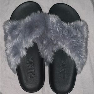 PINK faux fur slides